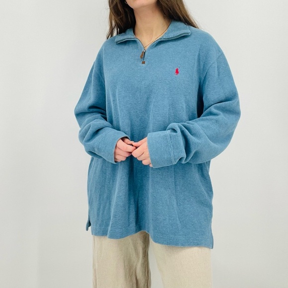 SOLD ralph lauren sky blue quarter zip pullover sweatshirt 100% cotton size XL - Picture 2 of 8